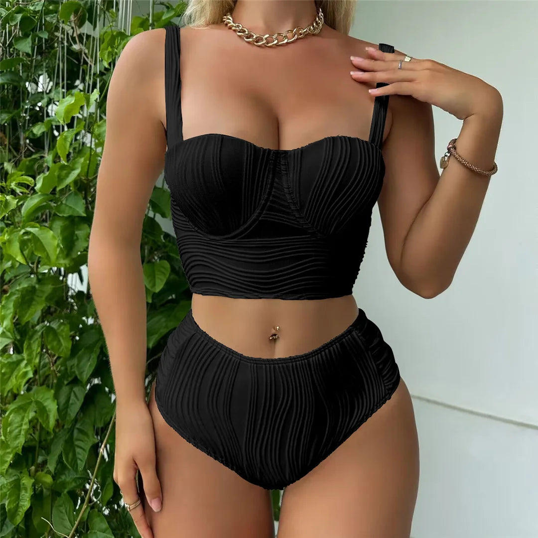 Sophisticated High-Waist Bikini Set for Women with Crinkled Underwire Top, Modern Two-Piece Swimsuit with Vintage-Inspired Design, Material: Nylon and Spandex, Solid Pattern, Sizes: S to XL, Available in Multiple Colors including Black, Sky Blue, White, Beige, Hot Pink, Blue, and Pink