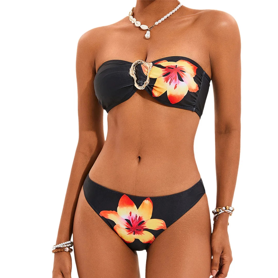 Floral Printed Bikini Set with Pants featuring vibrant prints, low waist bottoms, coordinating pants for versatility, perfect for stylish beach transitions.