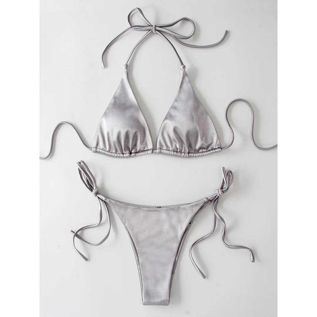 Luxurious Two-Piece Satin Halter Brazilian Padded Bikini Set for Women - Nylon and Spandex Swimwear with Wire Free Support, True to Size Fit, Low Waist - Available in Multiple Colors