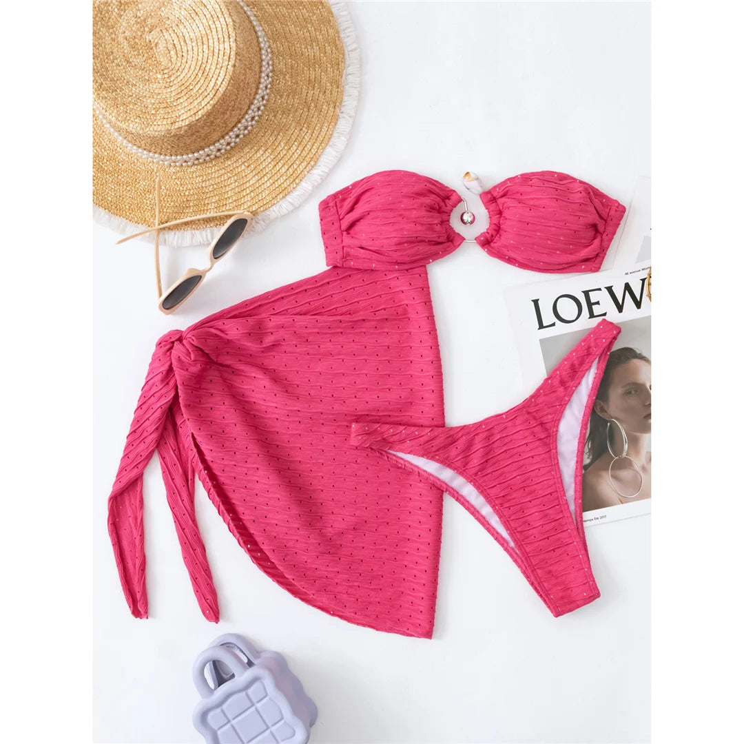 Bandeau Bikini Set with Sarong and Hollow Out Details in Hot Pink and Beige, Made from Nylon and Spandex, Three Piece Swimwear, Wire Free Support, Low Waist, Fits True to Size, Available in Sizes S to M and L, Perfect for Women, New and In Stock, Free Shipping Available