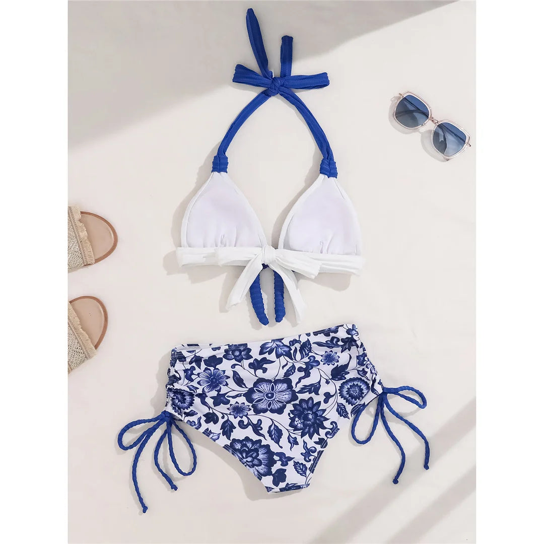 Floral Halter High Waist Bikini Set with vibrant prints, chic halter top, high waist bottoms, polyester and spandex blend, perfect for elegant beach style.