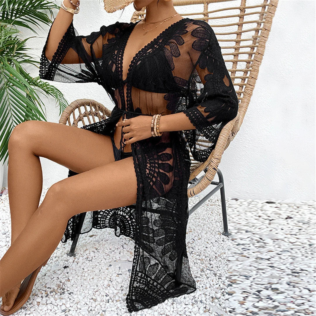 Embroidery Half Sleeve Chiffon Cardigan Tunic - Elegant chiffon beach cover-up with intricate embroidery, ideal for summer wardrobe, nylon polyester cotton blend, solid pattern for poolside or shore strolls.