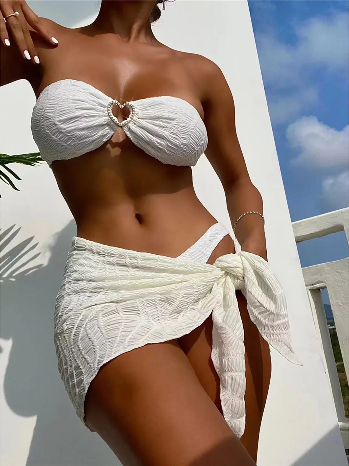 3PCS Wrinkled Bandeau Bikini Set with Sarong in Beige and Black, Made of Nylon and Spandex, Wire Free and Low Waist, Fits True to Size for Women aged 18-35 and Adults, Available in Stock with Free Shipping