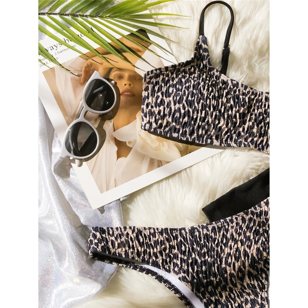 Leopard Printed Wrinkled Brazilian Bikini Set in Coffee Leopard, Pink Leopard, and Black Leopard, Made of Nylon and Spandex, Wire Free and Low Waist, Fits True to Size for Women aged 18-35 and Adults, Available in Stock with Free Shipping