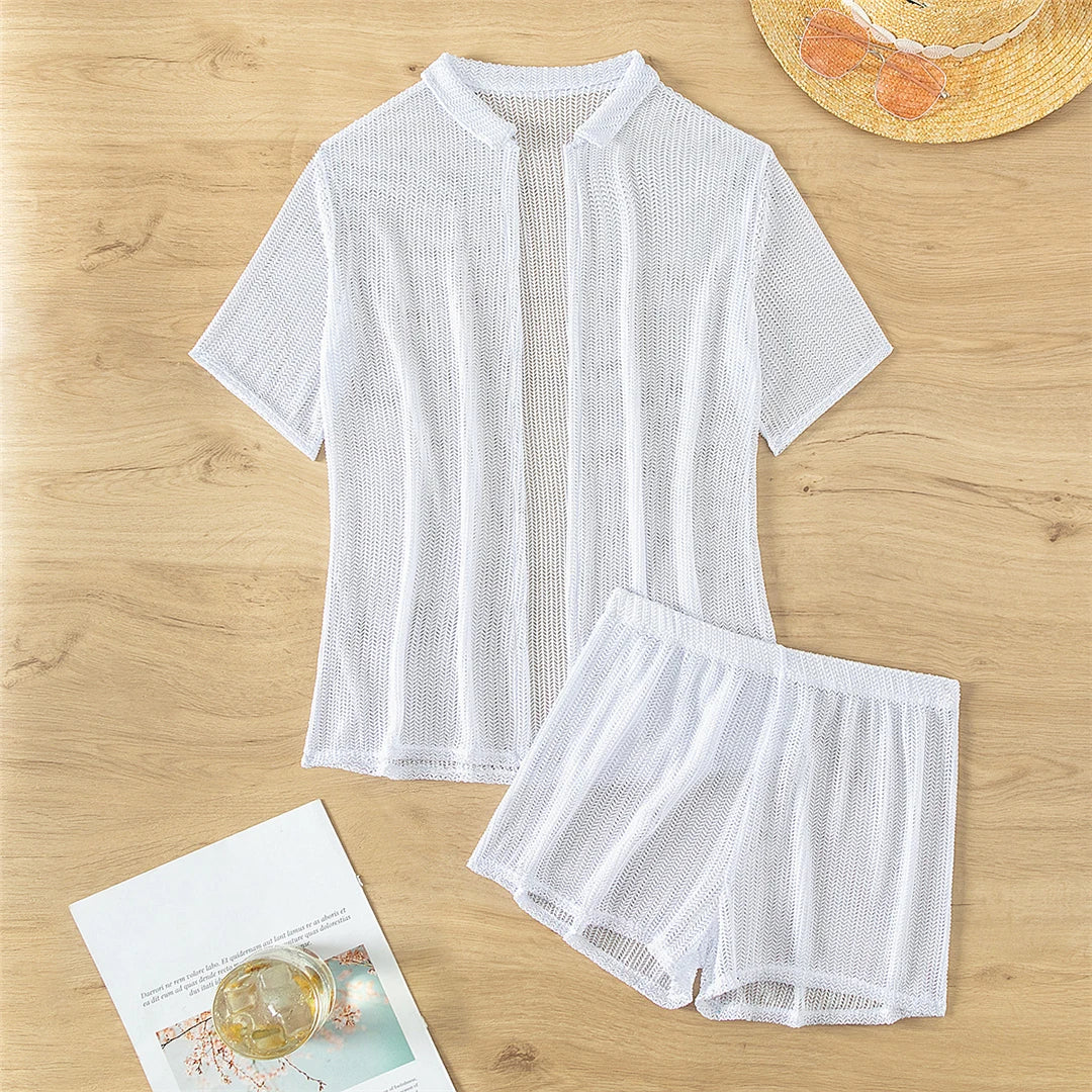 Charming Short-Sleeve Crochet Tunic for Women, Airy Knitted Beach Cover-Up, Fits True to Size, Sizes S to XL Available, Material: Nylon, Polyester, Cotton, Solid Pattern, Ideal for Seaside Strolls and Casual Resort Wear, Available in Black, Beige, and White