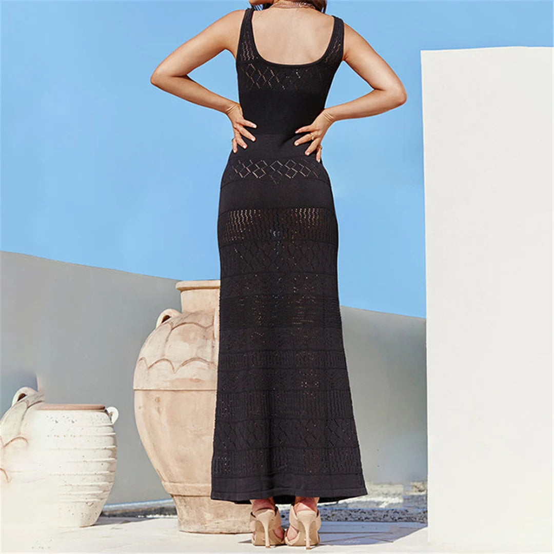 V-neck cut-out crochet knitted tunic, intricate hollow-out patterns, polyester solid design, women&#39;s stylish beach cover-up.