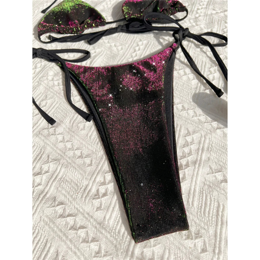 Dive into style with a gradient halter strappy bikini set, featuring a captivating gradient color scheme for elegant beachwear. Made from polyester and spandex, this two-piece swimsuit is wire-free, low waist, and includes supportive pads. Available in sizes S to XL, halter straps provide a secure fit for all-day comfort and confidence.