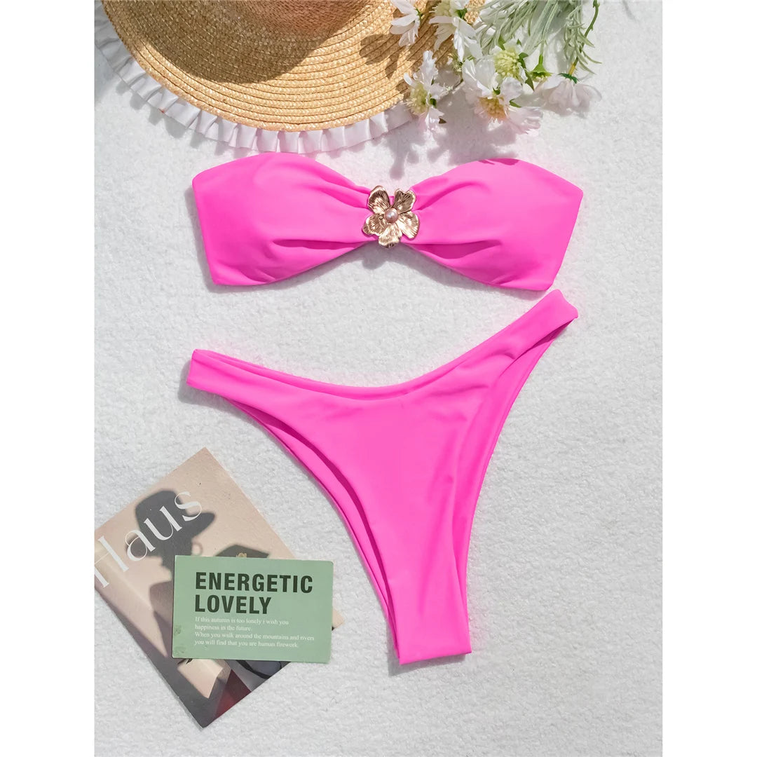 Metal flower bandeau Brazilian bikini set with floral embellishments for a sophisticated beach look for women.