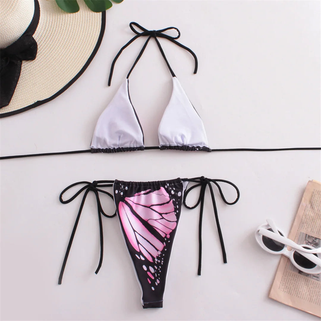 Summer Butterfly Printed Halter Bikini Set in Multiple Colors, Comfortable Two-Piece Swimwear for Women, Fits True to Size, Bikini Designed with Nylon and Spandex for All Day Comfort, Wire Free Low Waist Bikini Set, Ideal for Beach Adventures, Available in Small, Medium, Large Sizes, Offered in Colors Blue, Green, Pink, Red with Butterfly Print, New and In Stock with Free Shipping