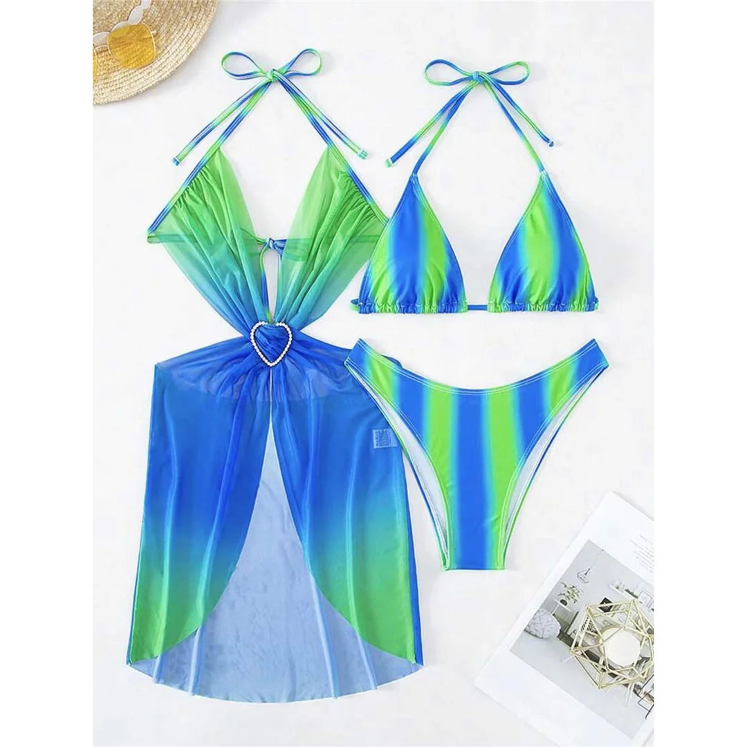 Vibrant Tie-Dye Striped Bikini Set with Coordinating Dress for Women. Offers a Playful and Poised Vibe for any Poolside Gathering. Comes with Wire Free Support, Mid Waist Design, and fits True to Size. Available in Blue Green, MoCha Green, Pink, and Red Yellow.