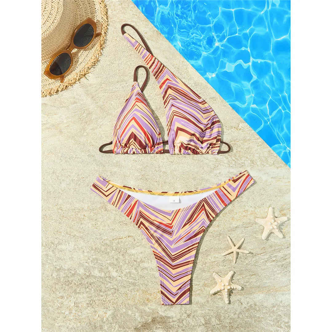 Stylish Striped One-Shoulder Brazilian Bikini Set for Women, Features Cheeky Two-Piece Design, Solid and Striped Pattern, Wire Free Support, Low Waist, True to Size, Available in Sizes S, M, L, Colors include Black, Blue Stripes, Coffee, Yellow Stripes, In Stock with Free Shipping, New Condition, Ideal for Ages 18-35 and Adults.