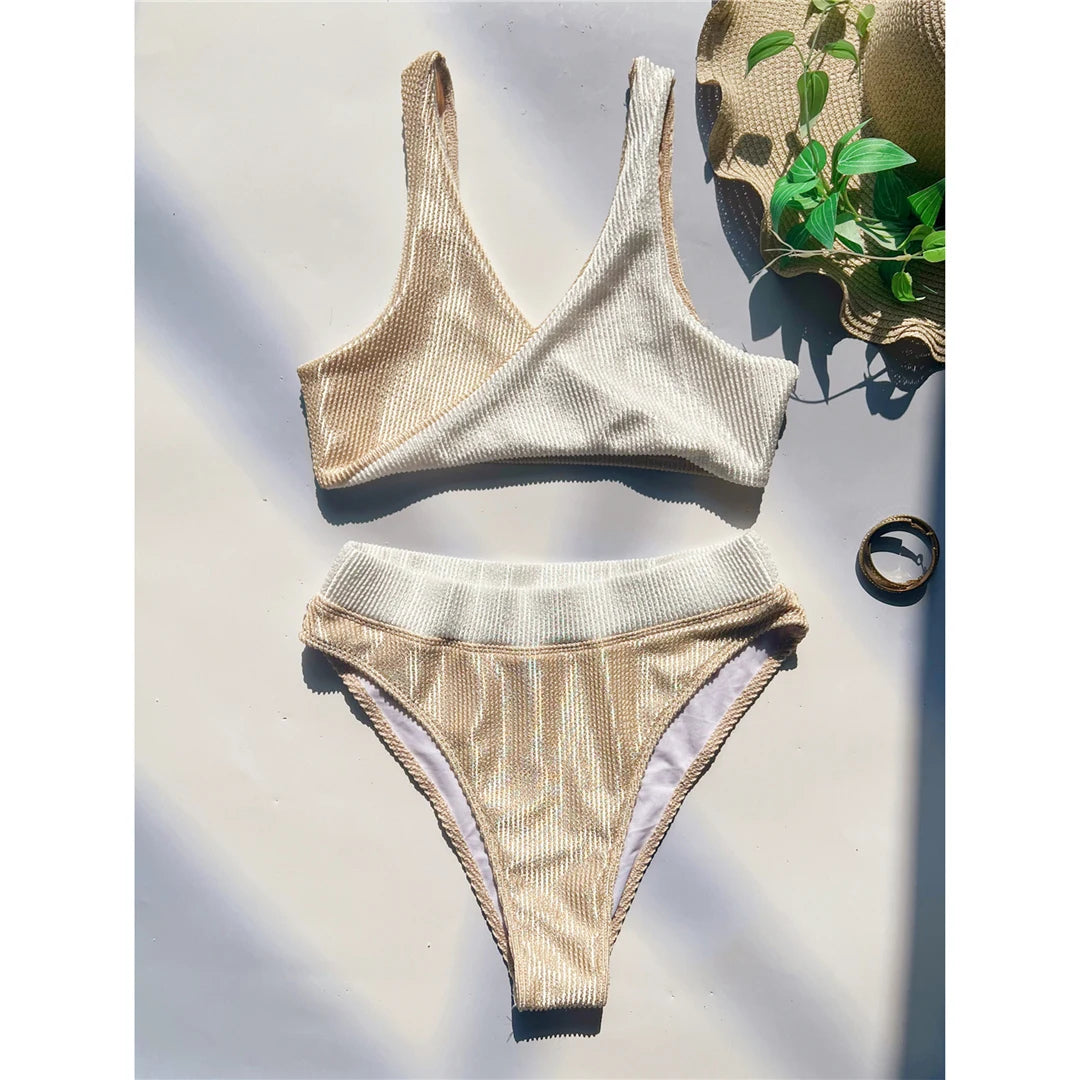 Contemporary Splicing High-Cut Mid-Waist Bikini Set for Women, Two-Piece Swimsuit, Modern Design, Fits True to Size, Available in Sizes S to XL, Material: Nylon and Spandex, Wire Free, Patchwork Pattern, Ideal for Adding a Modern Twist to Swimwear Collection, Comes in Khaki, White, and Multicolor Options, Includes Padding
