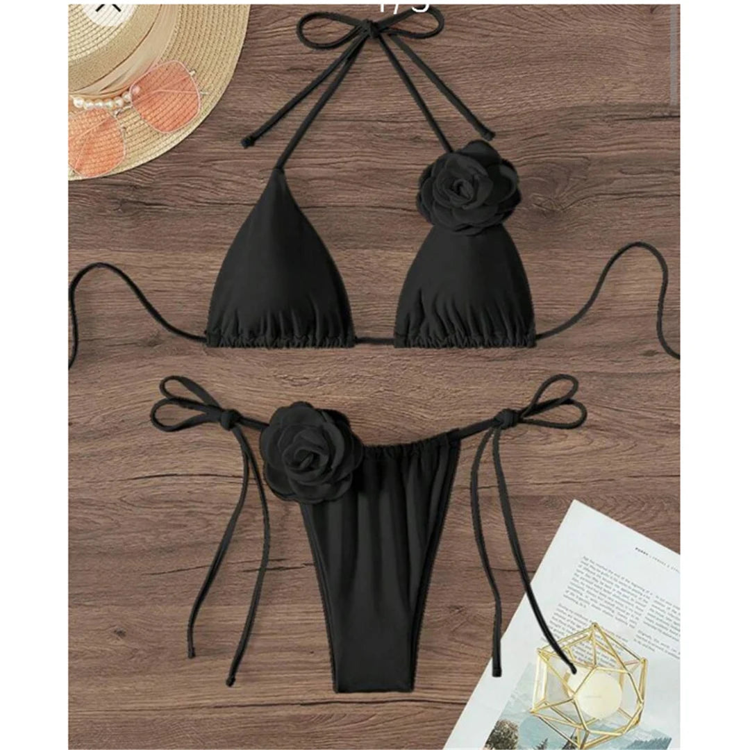Captivating 3D Flowers Halter Bikini Set, Featuring Strappy Two-Piece Design. Crafted from Nylon and Spandex, with Wire Free Support. Available in Sizes S, M, L, XL for Women, Fits True to Size. Comes in Colors Black, Beige, Red, and Multicolor. Perfect for Women Aged 18-35 and Adults, Currently In Stock, New Condition, Free Shipping Available.