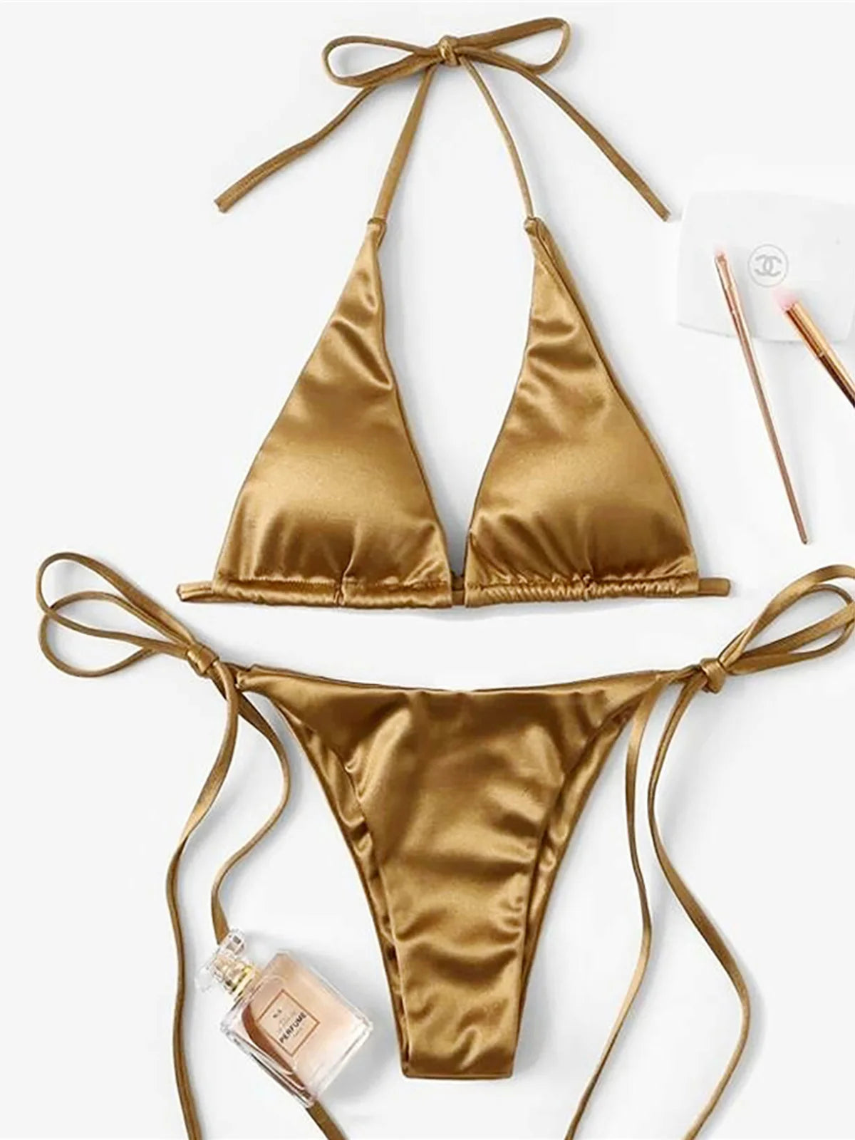 Luxurious Two-Piece Satin Halter Brazilian Padded Bikini Set for Women - Nylon and Spandex Swimwear with Wire Free Support, True to Size Fit, Low Waist - Available in Multiple Colors