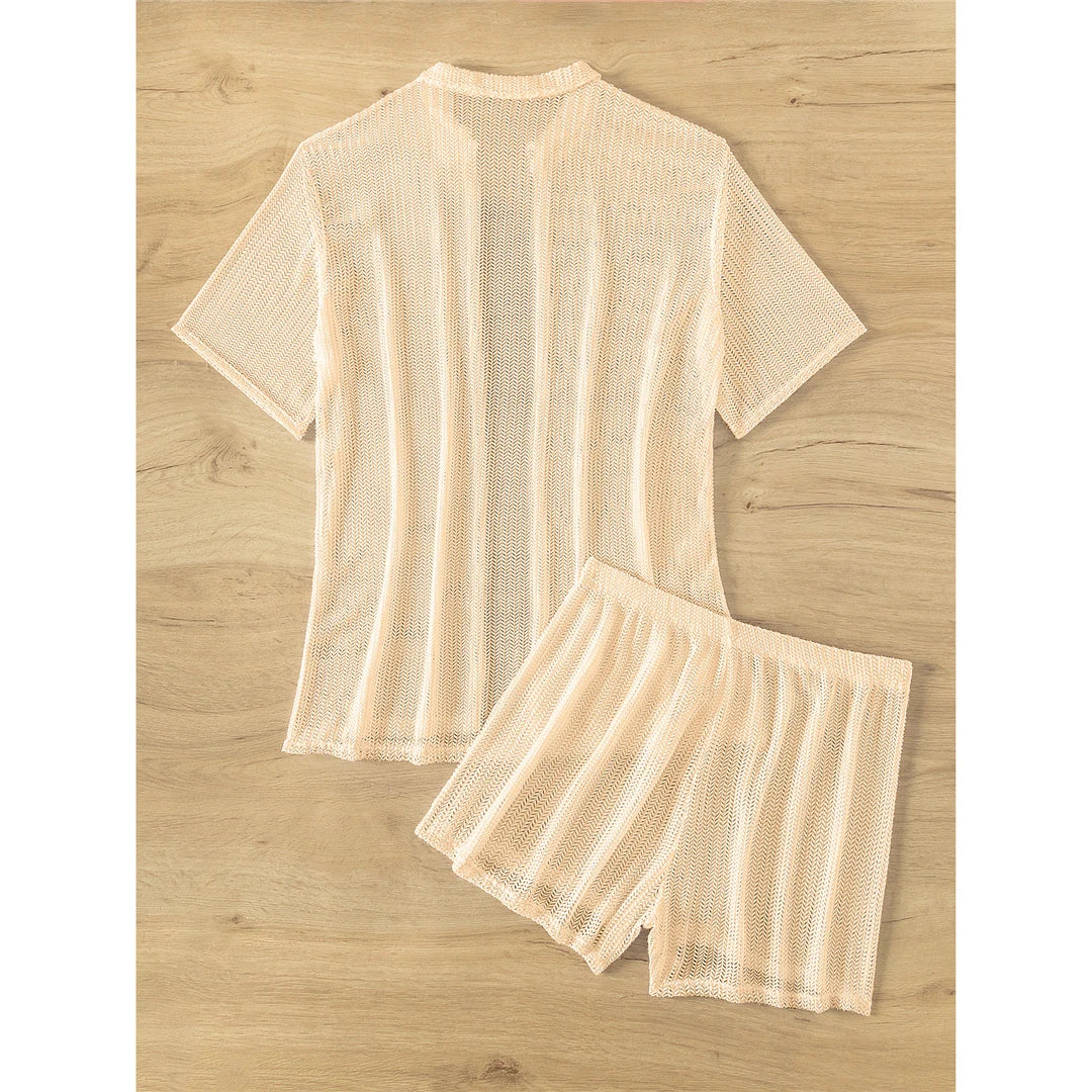 Charming Short-Sleeve Crochet Tunic for Women, Airy Knitted Beach Cover-Up, Fits True to Size, Sizes S to XL Available, Material: Nylon, Polyester, Cotton, Solid Pattern, Ideal for Seaside Strolls and Casual Resort Wear, Available in Black, Beige, and White