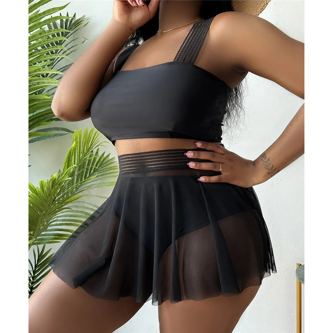 Flattering Plus Size Three-Piece Skirt Bikini Set, Crafted to Accentuate Curves Beautifully, Comprising of Chic Skirt, Designed for Comfort and Style at the Beach or Pool, Available in Sizes 0XL to 4XL, Material Nylon and Spandex, Solid Pattern, Suitable for Spring, Summer, Autumn, Winter, Fits True to Size, Color Black, Perfect for Women Aged 18-35 and Adult Age Group, In Stock, Free Shipping, New Condition