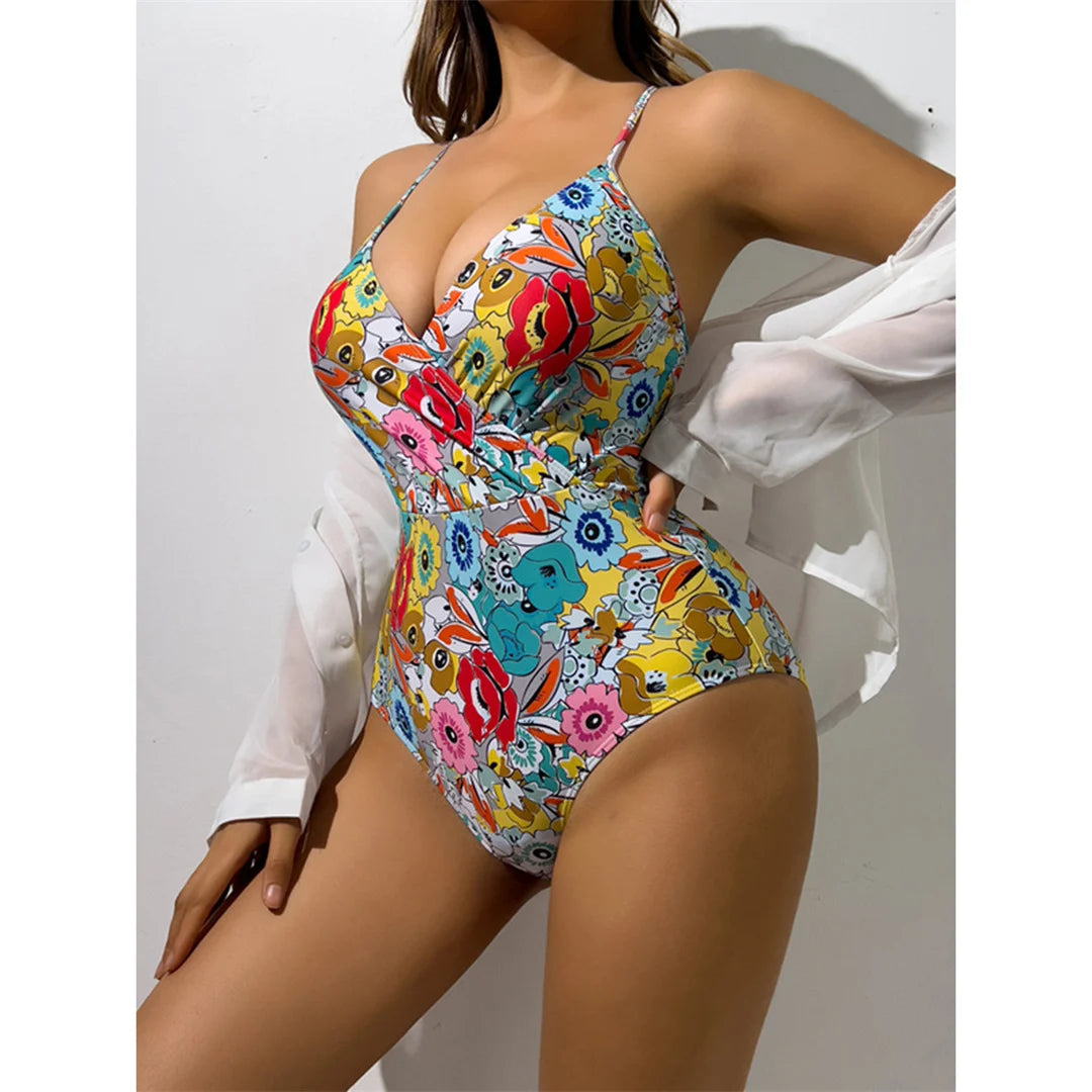 Floral Printed Backless One Piece Swimsuit - Elegant Monokini - CUVATI