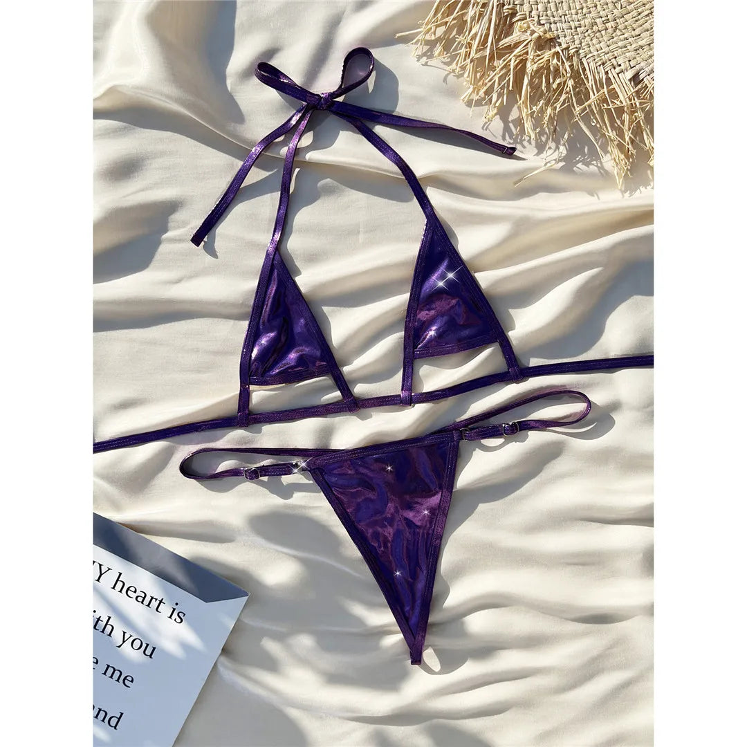 Bold and Daring PU Faux Leather Mini Bikini Set for Women, Includes Micro Thong Bottom, Solid Pattern, Wire Free Support, Low Waist, True to Size Fit, Available in Sizes S, M, L, In Stock with Free Shipping, Ideal for Ages 18-35 and Adults, New Condition, Purple Color.