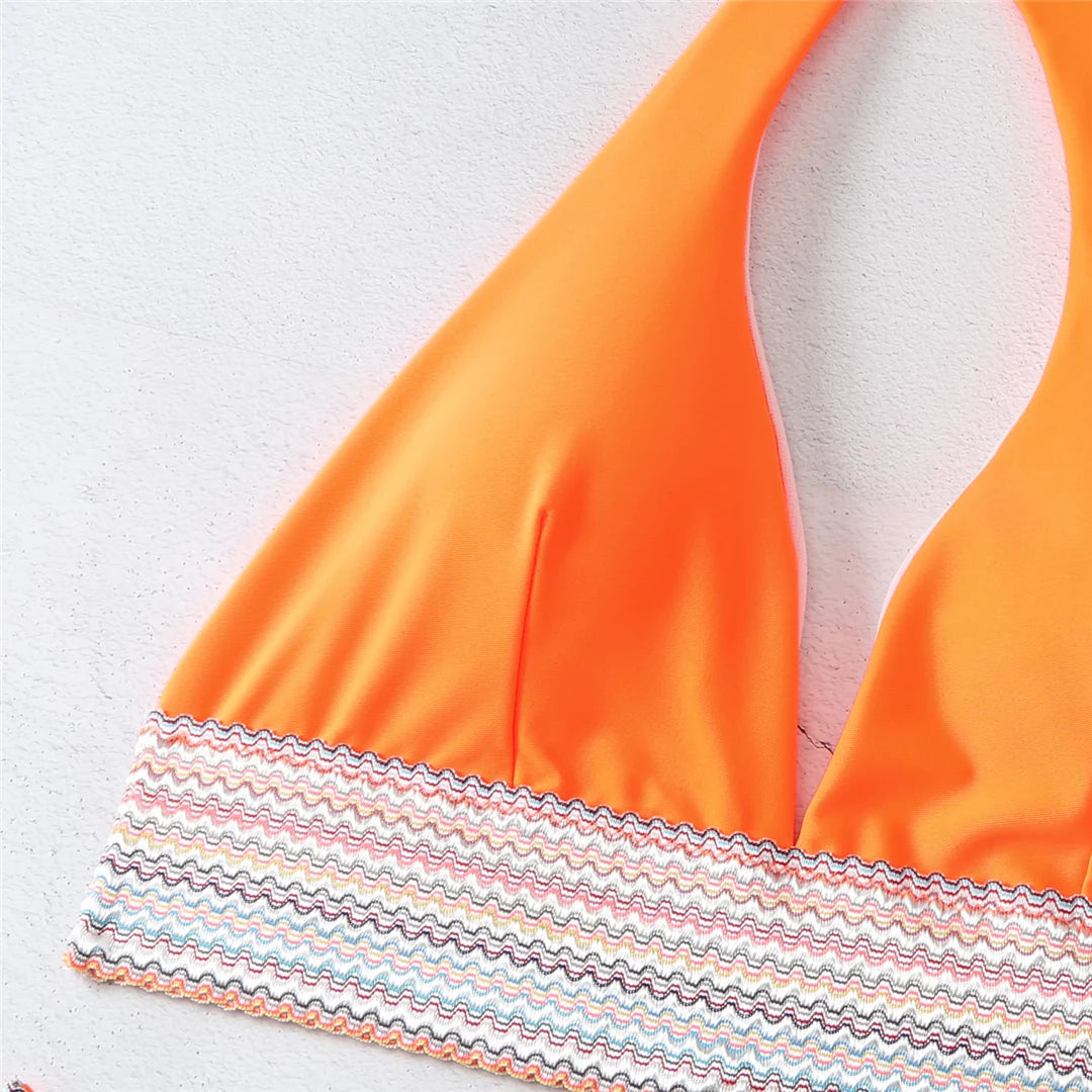 Splicing Halter Bikini Set for Women, V Neck Two-Piece Swimwear in Black, Royal Blue, Orange, Pink, and White, Low Waist and Patchwork Design for Stylish and Versatile Beachwear