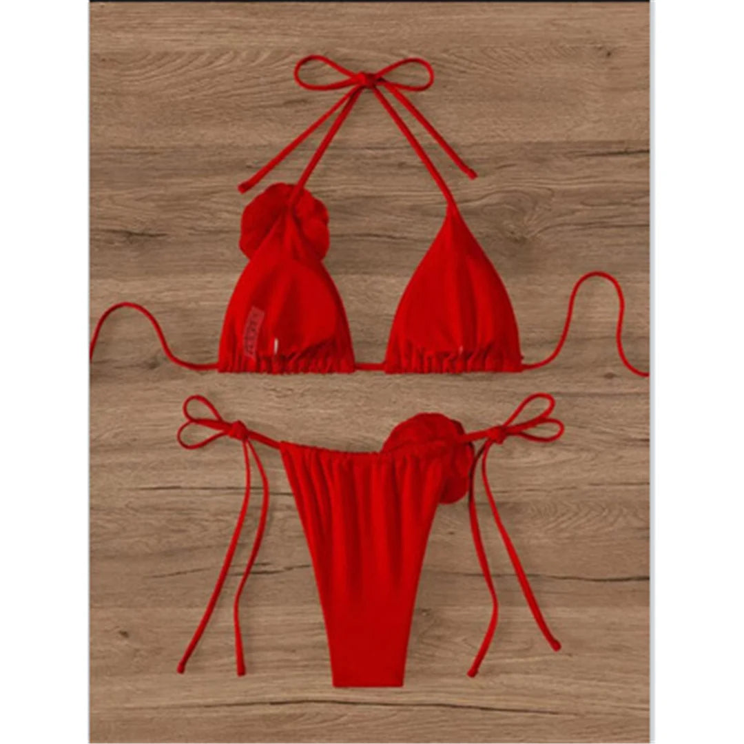 Captivating 3D Flowers Halter Bikini Set, Featuring Strappy Two-Piece Design. Crafted from Nylon and Spandex, with Wire Free Support. Available in Sizes S, M, L, XL for Women, Fits True to Size. Comes in Colors Black, Beige, Red, and Multicolor. Perfect for Women Aged 18-35 and Adults, Currently In Stock, New Condition, Free Shipping Available.