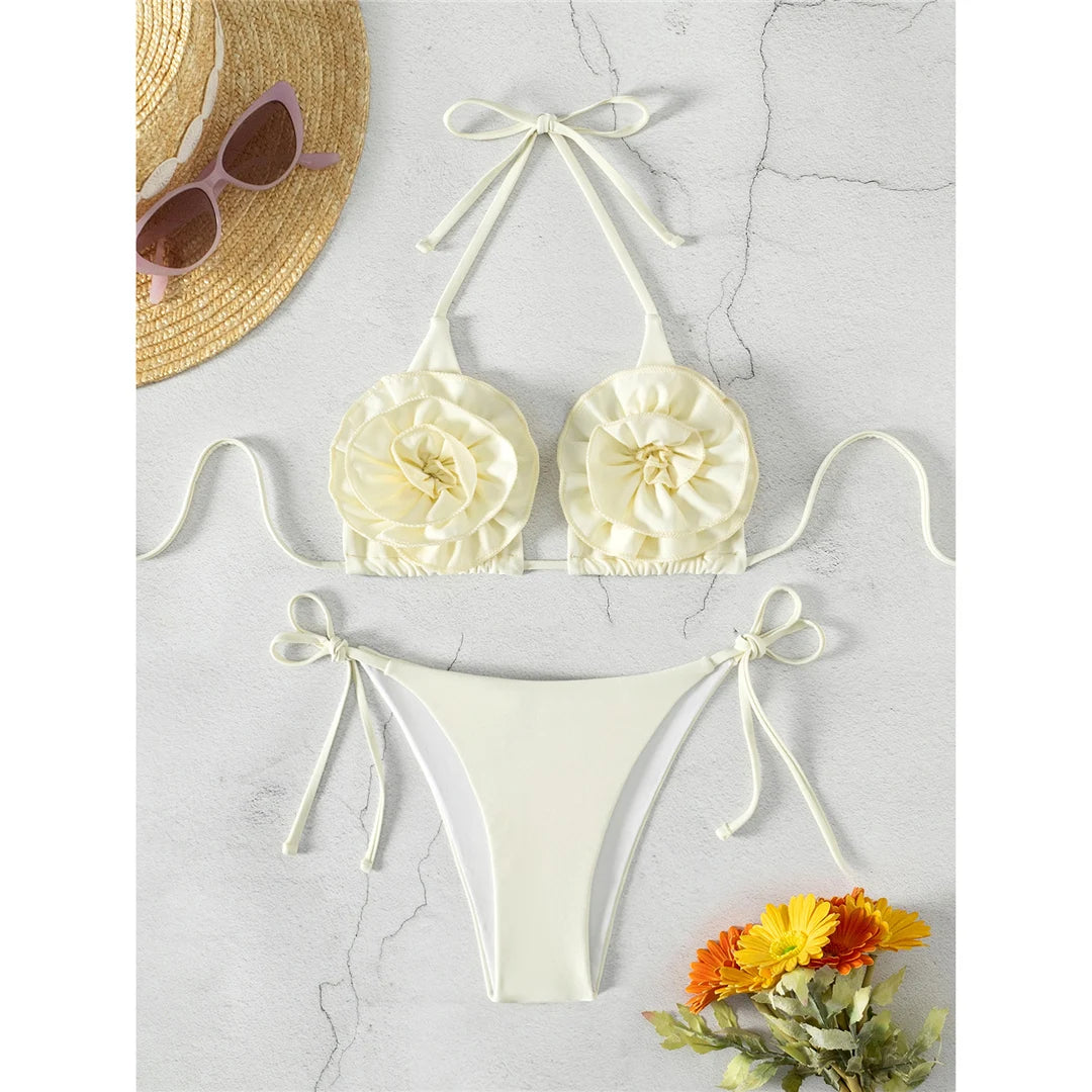 3D Flowers Halter Bikini, Strappy Two Piece Swimsuit, High Cut Design, Floral Detailing, Polyester, Spandex, Solid Color, Wire Free, Low Waist, Women&#39;s Swimwear, Elegant Modern Style, Beige.