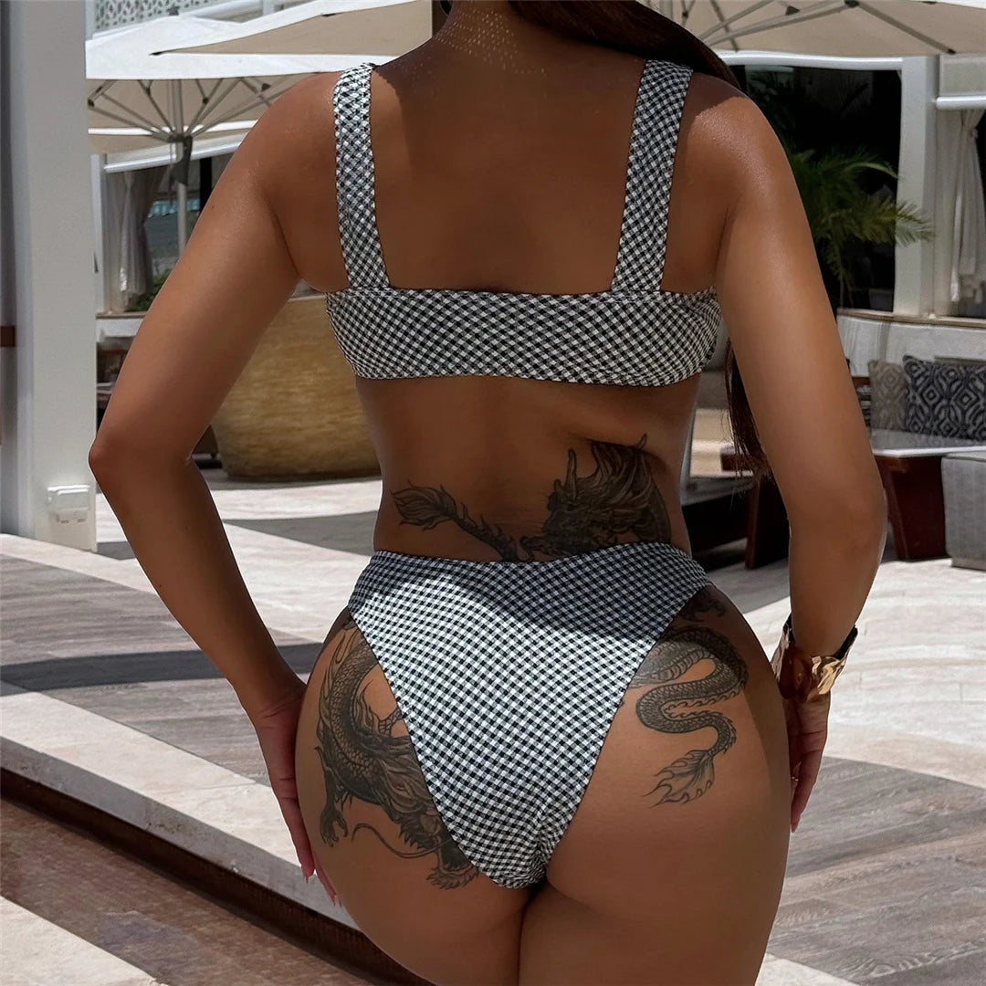 Black White Plaid Brazilian High Cut Bikini set with plaid pattern, Polyester Spandex material, wire-free, low waist design for women, enhances silhouette, fashion-forward style.