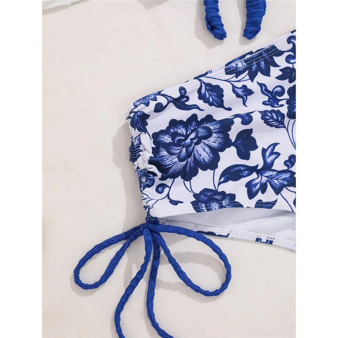 Floral Halter High Waist Bikini Set with vibrant prints, chic halter top, high waist bottoms, polyester and spandex blend, perfect for elegant beach style.