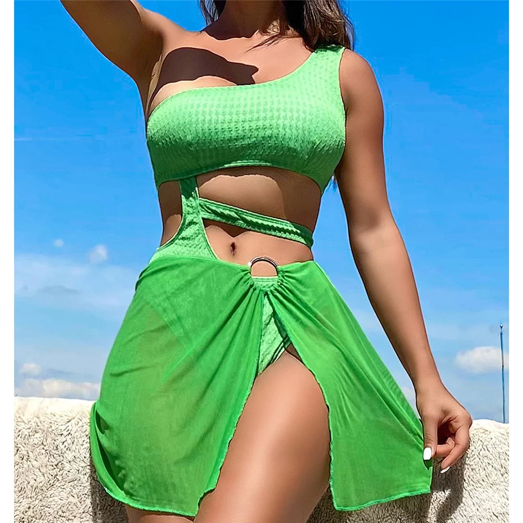 Asymmetric Tummy Cut Out One Piece Swimsuit with Coordinating Skirt in Green, Made of Nylon and Spandex, Wire Free Support, Fits True to Size, Available in Sizes XS, S, M, L, In Stock with Free Shipping, Perfect for Women Aged 18-35 and Adult Females