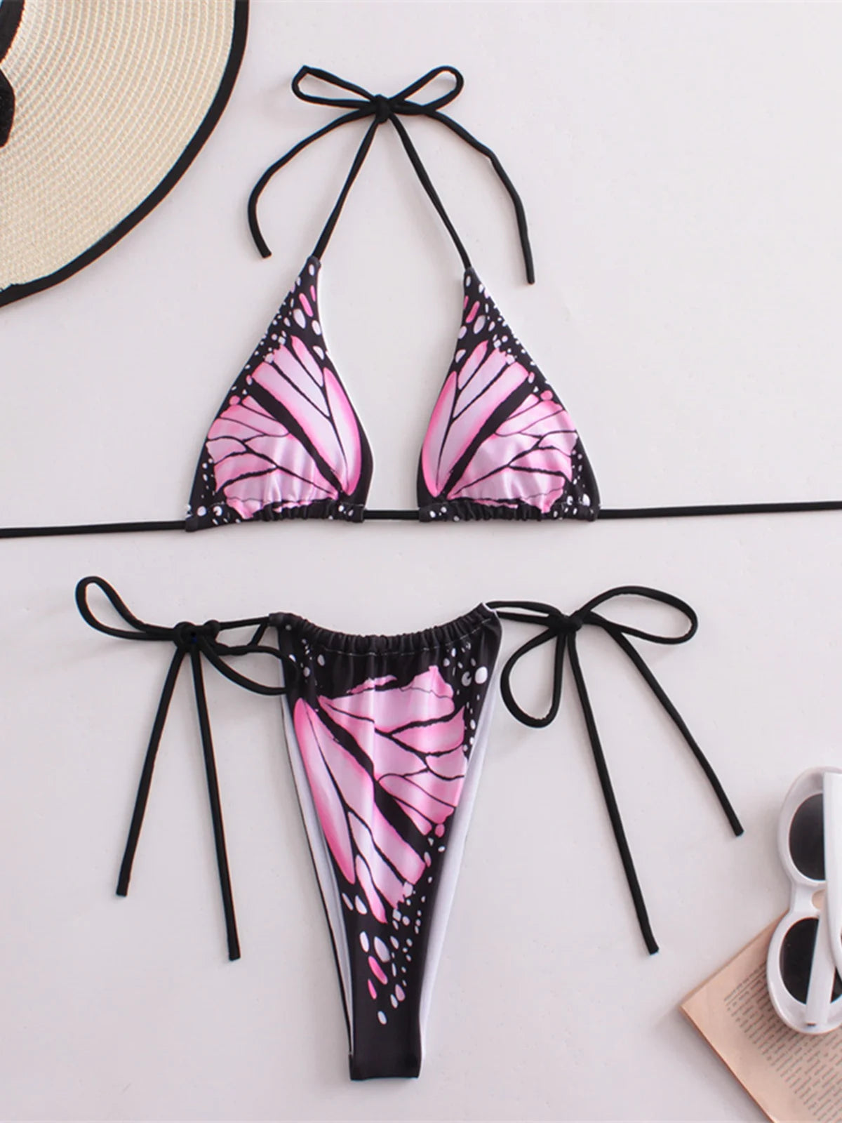 Summer Butterfly Printed Halter Bikini Set in Multiple Colors, Comfortable Two-Piece Swimwear for Women, Fits True to Size, Bikini Designed with Nylon and Spandex for All Day Comfort, Wire Free Low Waist Bikini Set, Ideal for Beach Adventures, Available in Small, Medium, Large Sizes, Offered in Colors Blue, Green, Pink, Red with Butterfly Print, New and In Stock with Free Shipping