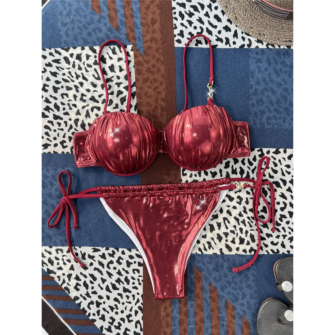 PU Faux Leather Underwired Bikini Set with Bra Cups. Solid Two-Piece Swimsuit Made of Nylon and Spandex. Low Waist, Fits True to Size with Pads. Designed for Women, Available in Wine Red. Versatile Swimwear for Middle-Aged Group. Available in Stock with Free Shipping.