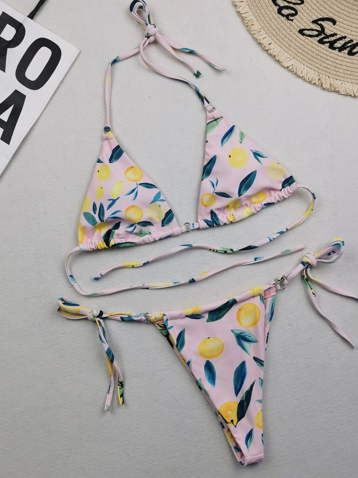 Two-Piece Polka Dot and Floral Bikini Set with a Halter Neck Design, Available in Sizes S through XL, Fashioned from Nylon and Spandex, Suitable for Women, Wire Free with Low Waist Design, Comes with Pad, Fits True to Size. Comes in Multiple Colors such as Yellow, Multicolor, Wheat, Pink, Watermelon Red, Red, Black, Blue, Coffee, Green, Orange, Purple, and in Different Patterns like Flowers, Dots, Plaid, Diamond, and Printed Design.