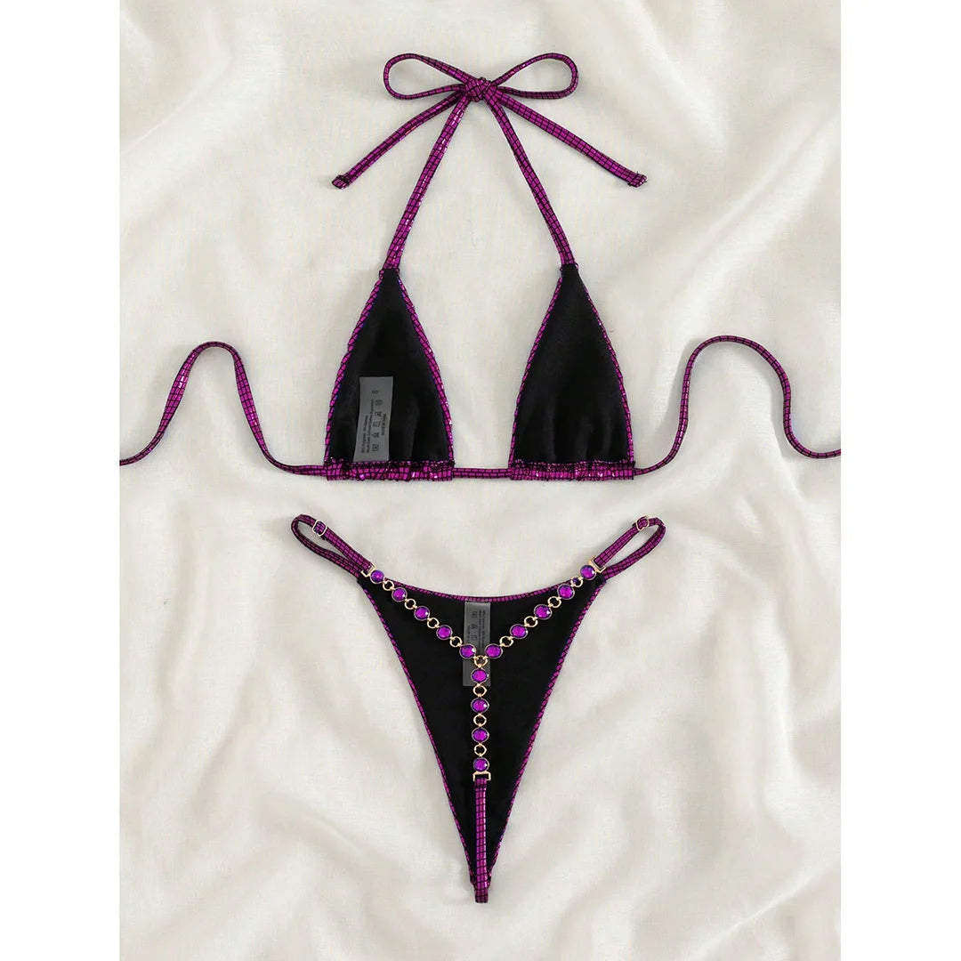 Stunning Halter Mini Thong Bikini Set for Women, Features a Shimmering Diamond Accent, Offers a Flirty Low-cut Design, Crafted from Nylon and Spandex in Hot Pink and Blue, Offers Wire Free Support and Fits True to Size, Perfect to Showcase Your Style Confidently on the Beach.