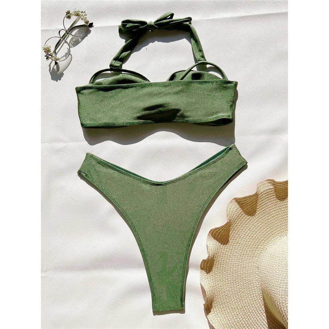 Wrinkled Brazilian Bikini Set in Green, Halter Top and Low Waist Two Piece Swimwear Made From Nylon and Spandex, Available in Sizes S to XL, Fits True to Size, Features Wire Free Support and Includes Pad, Perfect for Women aged 18-35 and Adults, In Stock with Free Shipping