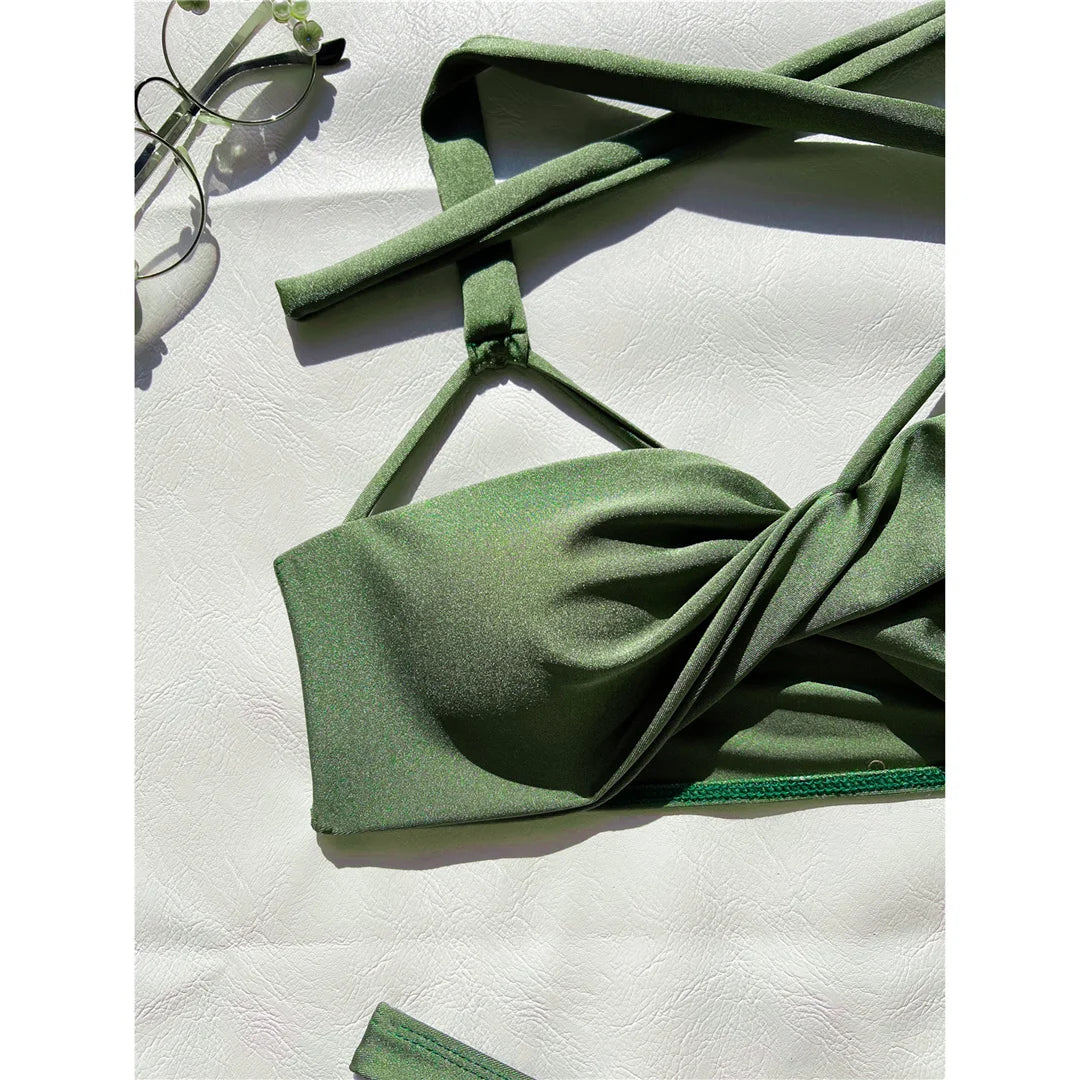 Wrinkled Brazilian Bikini Set in Green, Halter Top and Low Waist Two Piece Swimwear Made From Nylon and Spandex, Available in Sizes S to XL, Fits True to Size, Features Wire Free Support and Includes Pad, Perfect for Women aged 18-35 and Adults, In Stock with Free Shipping