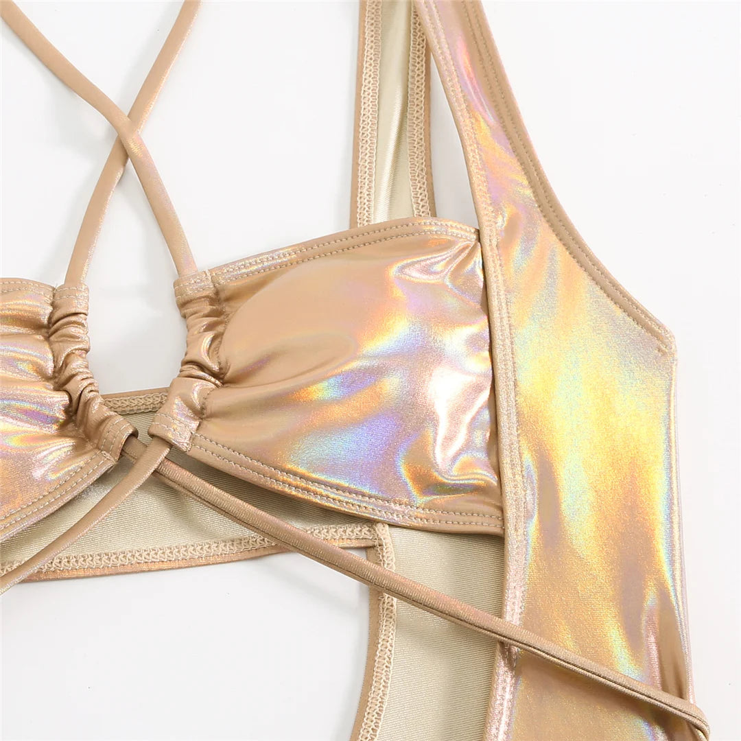 Shiny PU faux leather tummy cut-out one-piece swimsuit, halter monokini design, adjustable triangle top, monochrome solid pattern, polyester spandex blend, women's bold and sophisticated swimwear.