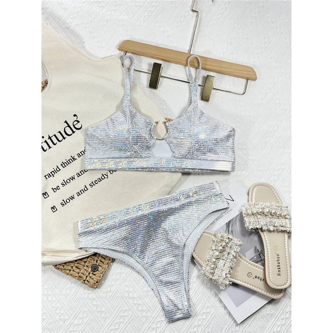 Glamorous Shiny Sequins High Waist Bikini Set, Stunning Two Piece Women's Swimwear, Comfortable Nylon and Spandex Material, Solid Silver Color, Wire Free Support, True to Size, Comes with Pads, Ideal for Sun-soaked Lounging or Wave Enjoyment, In Stock and Available for Free Shipping