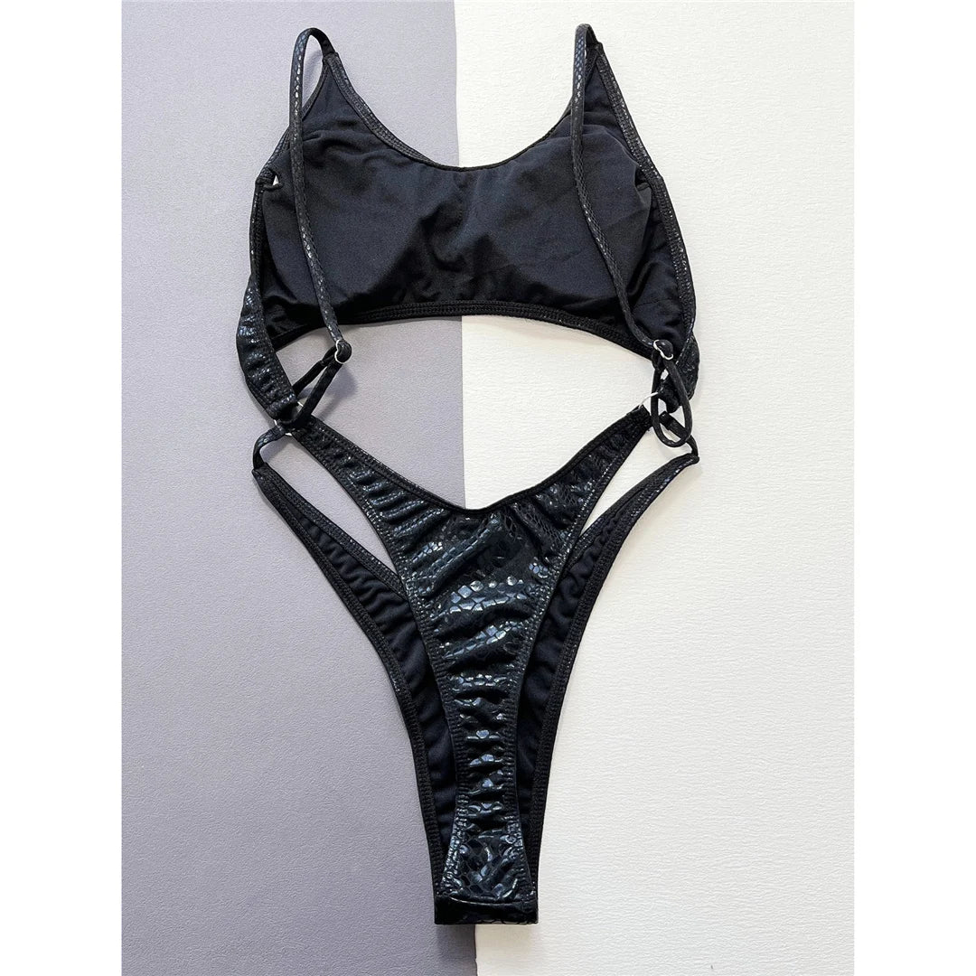 Snake Skin-Patterned One-Piece Swimsuit for Women, Featuring a Daring Tummy Cut-Out and Mini Micro Thong Back, High-Leg Cut Allure, Adventure Swimwear, Nylon and Spandex Material, Solid Pattern, Fits True to Size, Available Sizes: S to XL, Color: Black