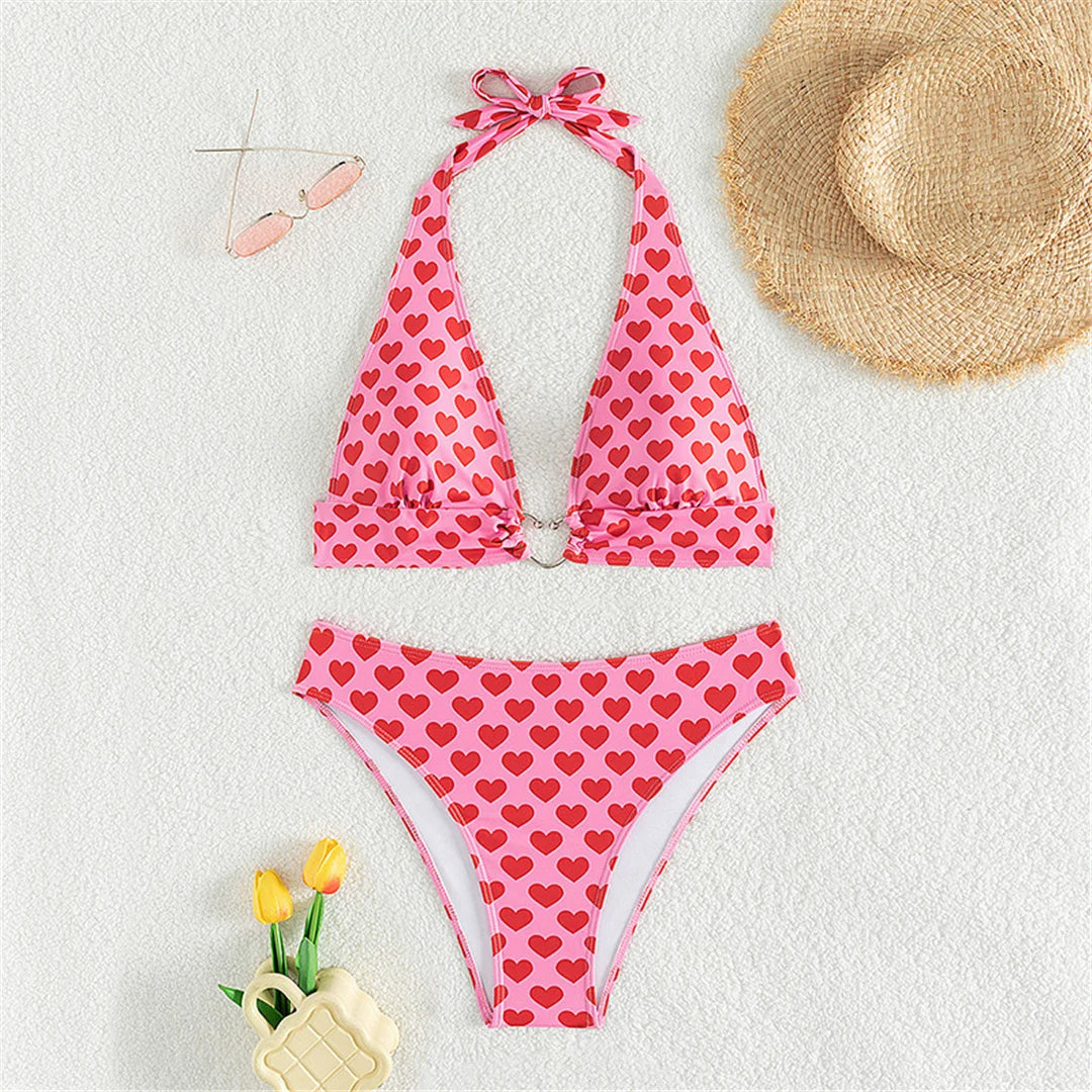 Romantic Heart-Printed Mid-Waist Bikini Set for Women, Charming and Playful Swimwear Design, Offering Style and Comfort, Fits True to Size from XS to L, Ideal for Poolside Look in feminine Pink color