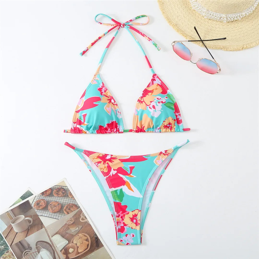 Floral Brazilian Bikini Set for Women, Low Waist Two-Piece Swimwear with Delicate Flower Patterns, Available in Green Red Flowers, Blue Green Flowers, Blue Pink Flowers, Green White Flowers, Orange Pink Flowers, and Orange Striped, Perfect blend of Style and Comfort for Beach Days