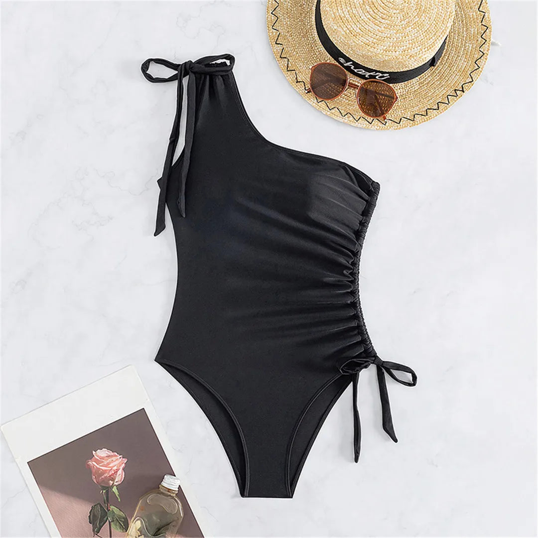 One Shoulder Lace Up Strappy One Piece Swimsuit for Women, On-Trend Black Swimwear with High Leg Cut and Customized Fit, Contemporary and Elegant Design for a Sophisticated Beach Look