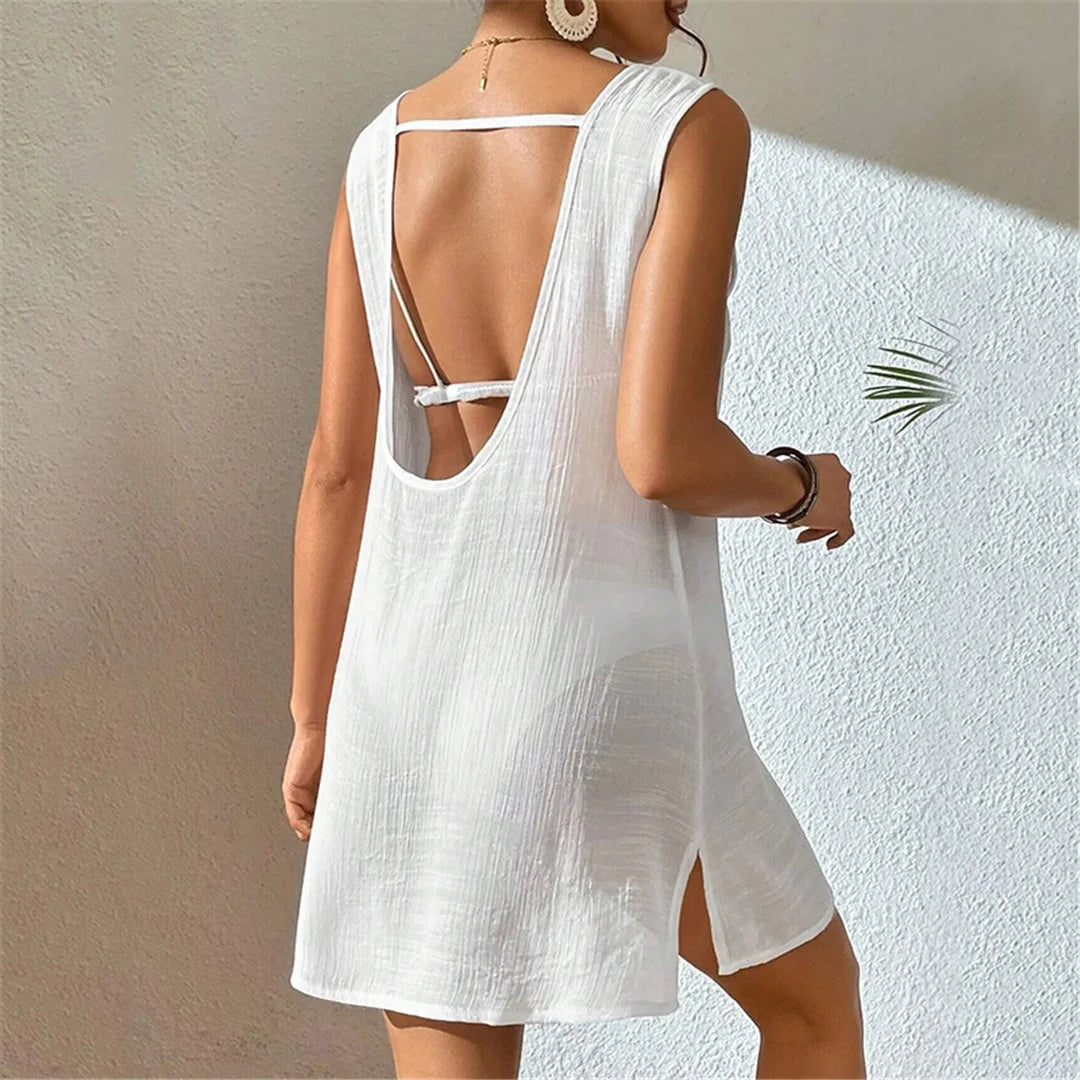 5 Colors Backless Crochet Tunic Beach Cover Up Available in Beige, Black, White, Pink, and Green, Made of Nylon, Polyester, Cotton, Fits True to Size for Women aged 18-35, Available in Stock with Free Shipping