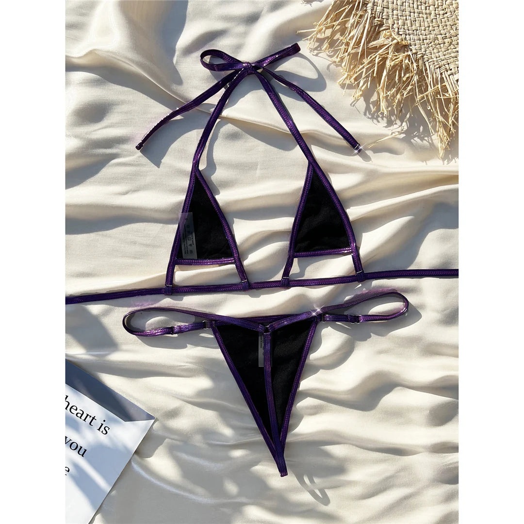 Bold and Daring PU Faux Leather Mini Bikini Set for Women, Includes Micro Thong Bottom, Solid Pattern, Wire Free Support, Low Waist, True to Size Fit, Available in Sizes S, M, L, In Stock with Free Shipping, Ideal for Ages 18-35 and Adults, New Condition, Purple Color.