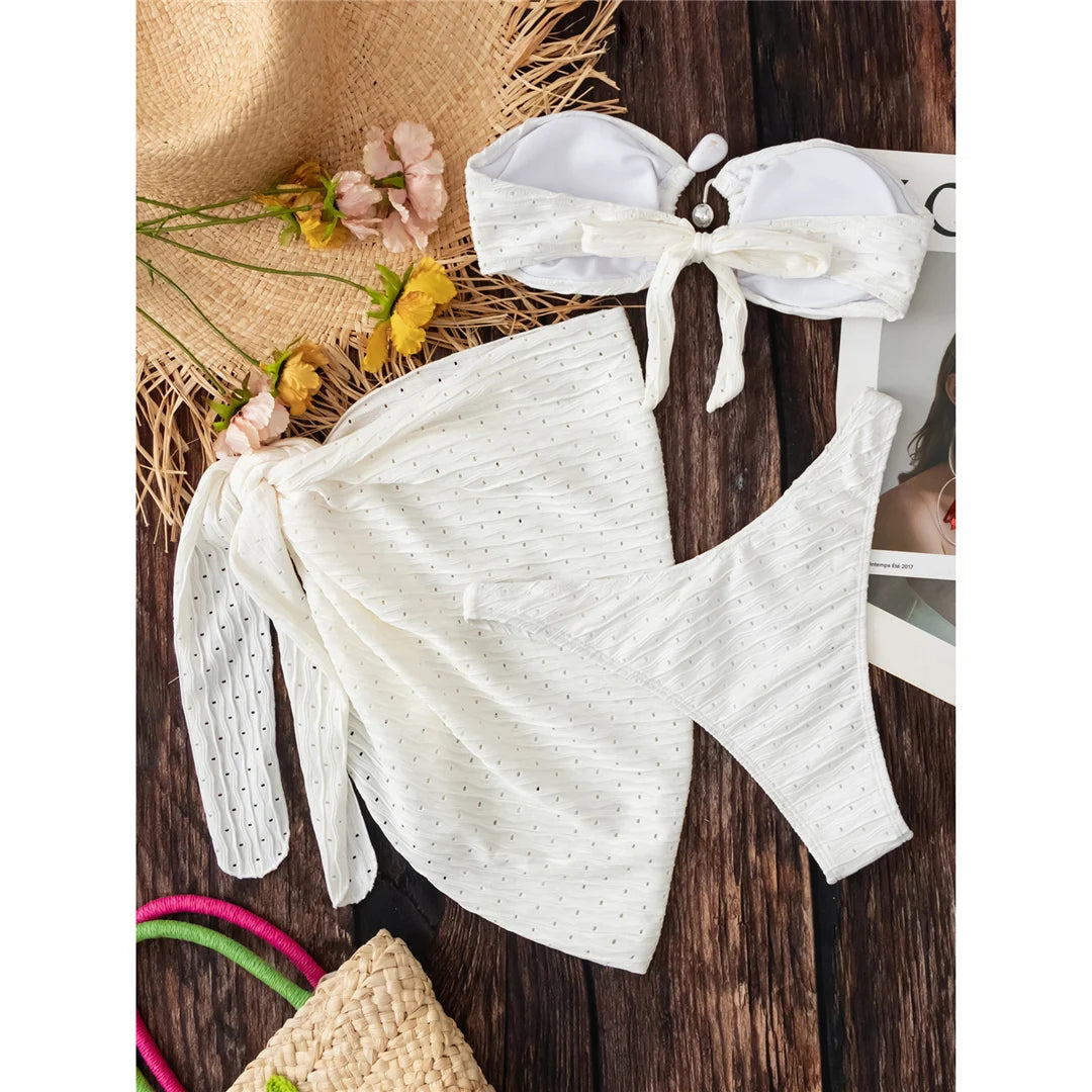 Bandeau Bikini Set with Sarong and Hollow Out Details in Hot Pink and Beige, Made from Nylon and Spandex, Three Piece Swimwear, Wire Free Support, Low Waist, Fits True to Size, Available in Sizes S to M and L, Perfect for Women, New and In Stock, Free Shipping Available