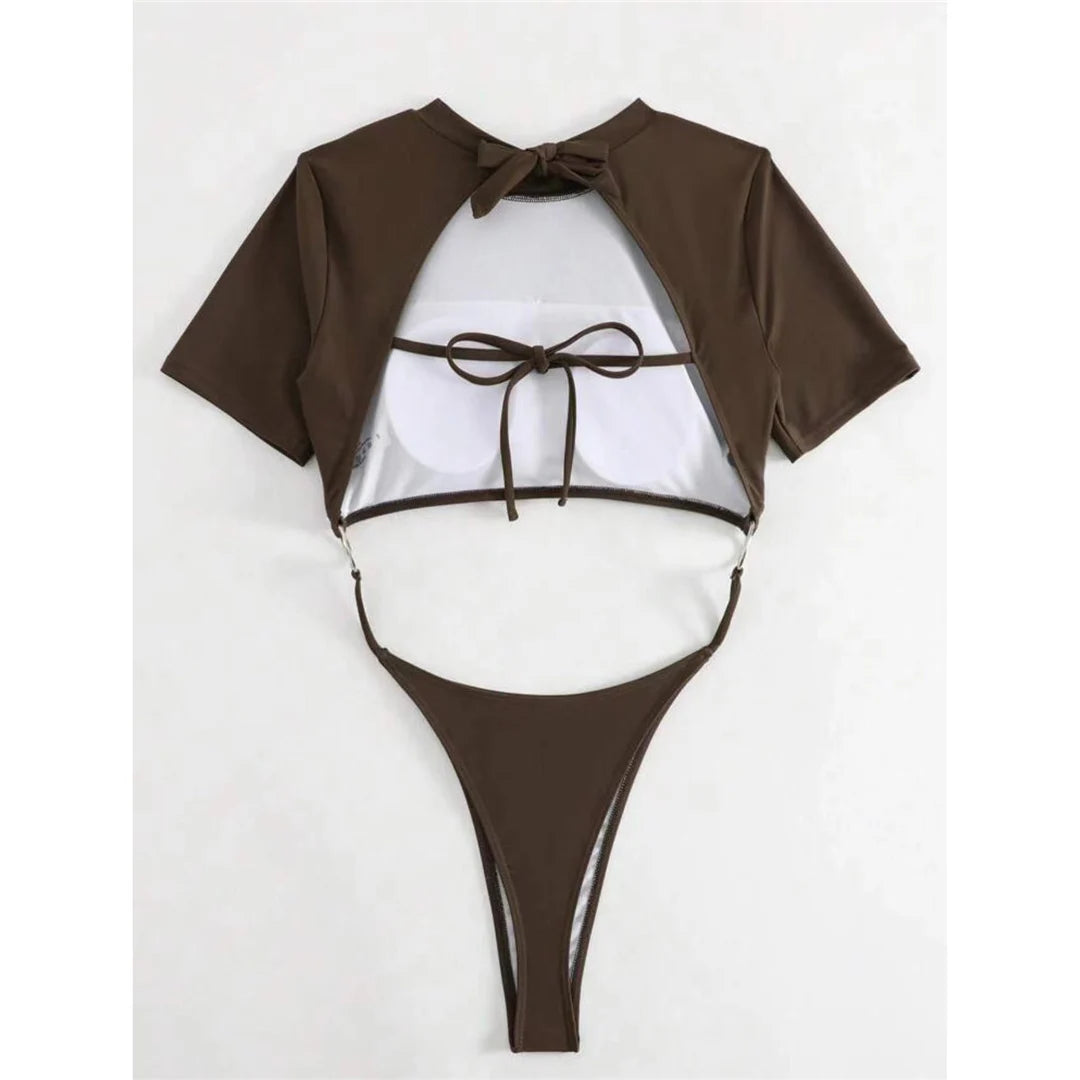 Elegant Short Sleeve One Piece Swimsuit for Women, Combining Mini Micro Thong Cut with Full Top Coverage, Made of Nylon and Spandex, Solid Pattern, Free Support, True to Size, Sleek Design for a Sophisticated Poolside Style, Available in Sizes S, M, L, and XL, Comes in Colors Black, Blue, Coffee, Green, Pink, Red, White, Hot Pink, and Lake Blue