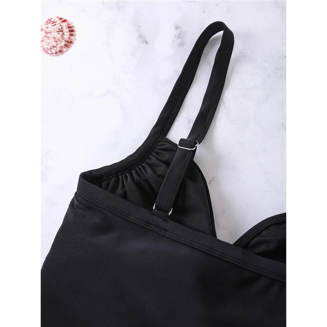 V-neck knotted high-cut leg one-piece swimsuit with padded support and elegant black design for women.