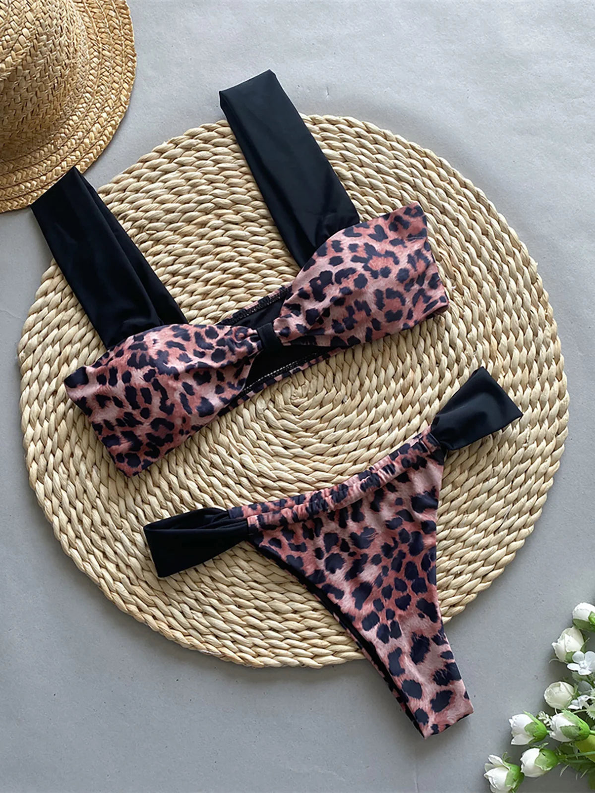 Leopard Splicing High Leg Cut Bikini Set in Leopard, Black and White, Two Piece, Made from Nylon and Spandex, Patchwork Pattern, Wire Free, Low Waist, True to Size, Available Sizes S, M, L, Ideal for Women, In Stock, FreeShipping, Perfect for Adults Aged 18-35