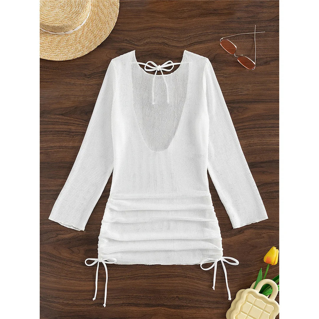 Elegant Long Sleeve Backless Crochet Tunic for Women, Perfect as a Beach Cover Up, Knitted from Polyester and Cotton, Solid Pattern, Fits True to Size, Meticulously Crafted Design that Offers a Peek into Stylish Swimwear with the Right Amount of Coverage, Perfect for Seaside Adventures, Available in Sizes S, M, L, and XL, Comes in Classic White Color