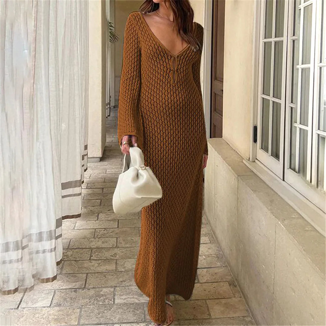 Bohemian-style long sleeve crochet tunic perfect for beach cover-up. This V-neck tunic is available in five colors - Coffee, White, Light Blue, Black, and Yellow. Made from nylon, polyester, rayon, and cotton, its knitted design provides coverage and breathability. Fits true to size and is the perfect companion for any swimwear ensemble.