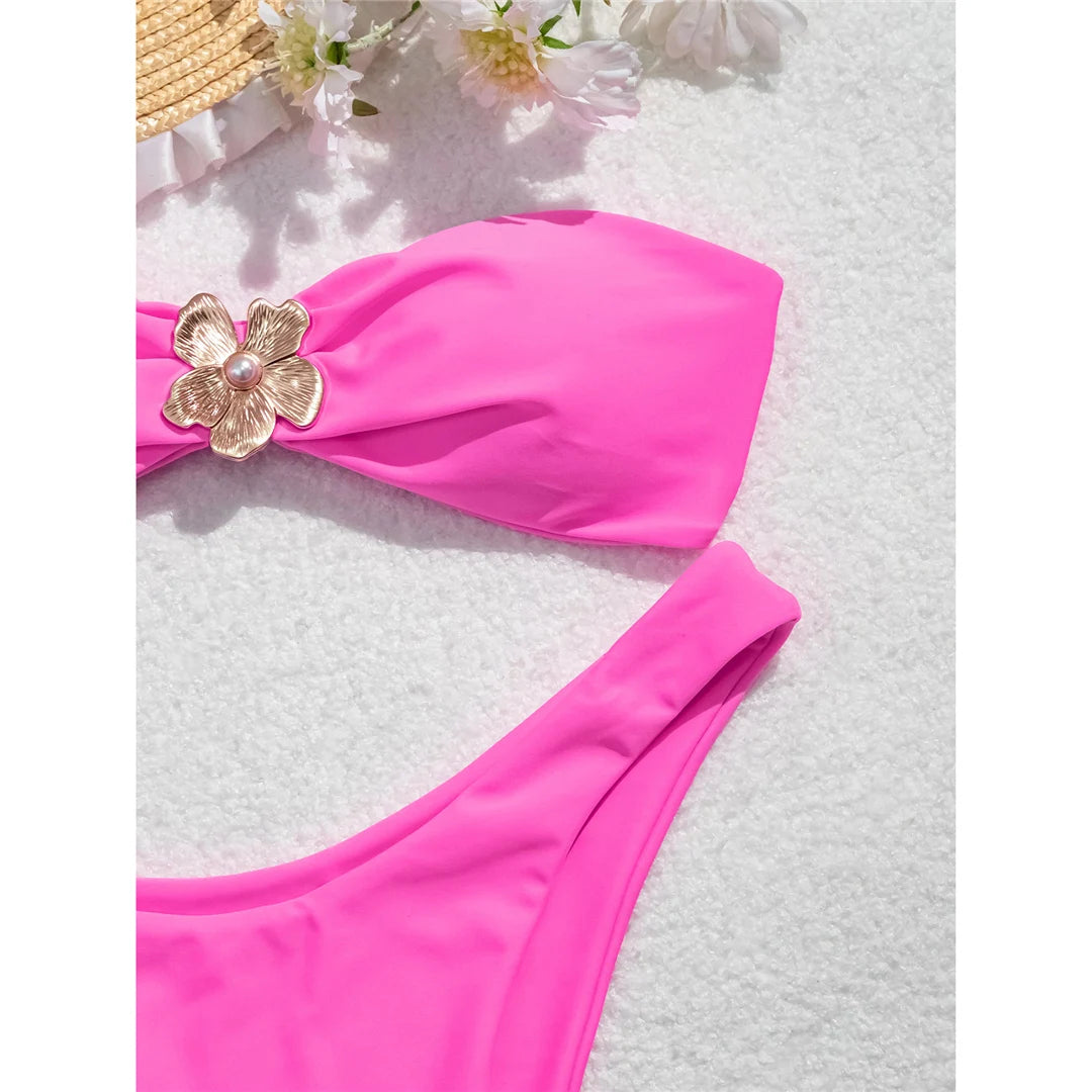 Metal flower bandeau Brazilian bikini set with floral embellishments for a sophisticated beach look for women.