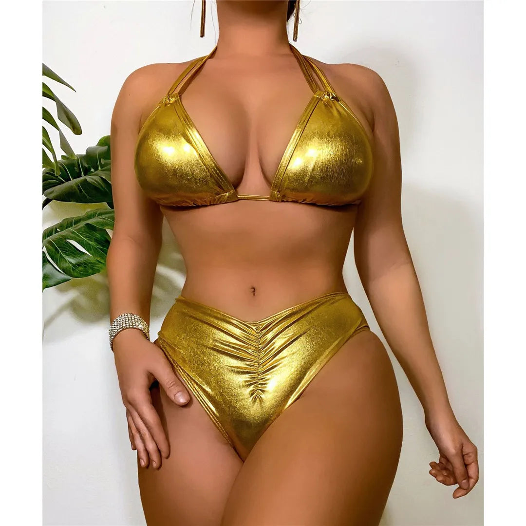 Halter PU Faux Leather Mid Waist Bikini Set for Women, Solid Gold Two-Piece Swimsuit, Wire Free with Pad, Fits True To Size, Available in Size S to L, Perfect for Summer Season